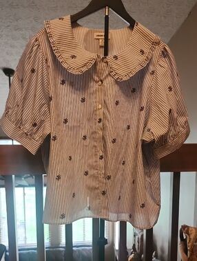 Lands' End Blue and White Striped Blouse with Peter Pan Collar